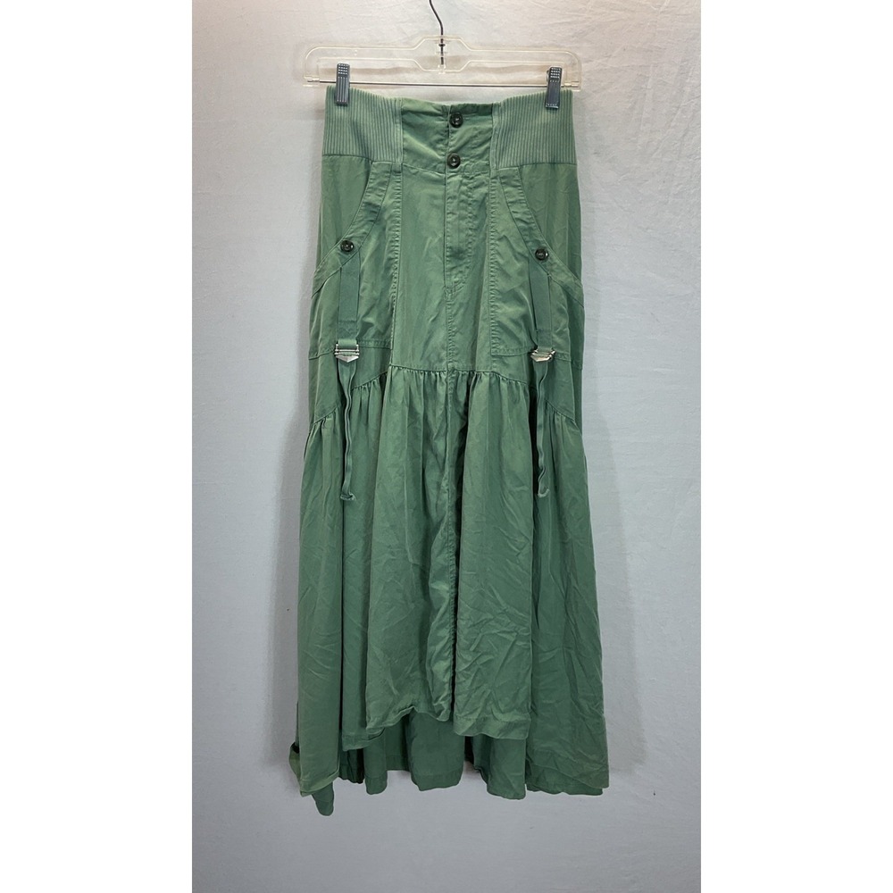 Free People Olive Maxi Skirt Utility Elastic Sz 2 Straps Lycocell Cotton Grunge
